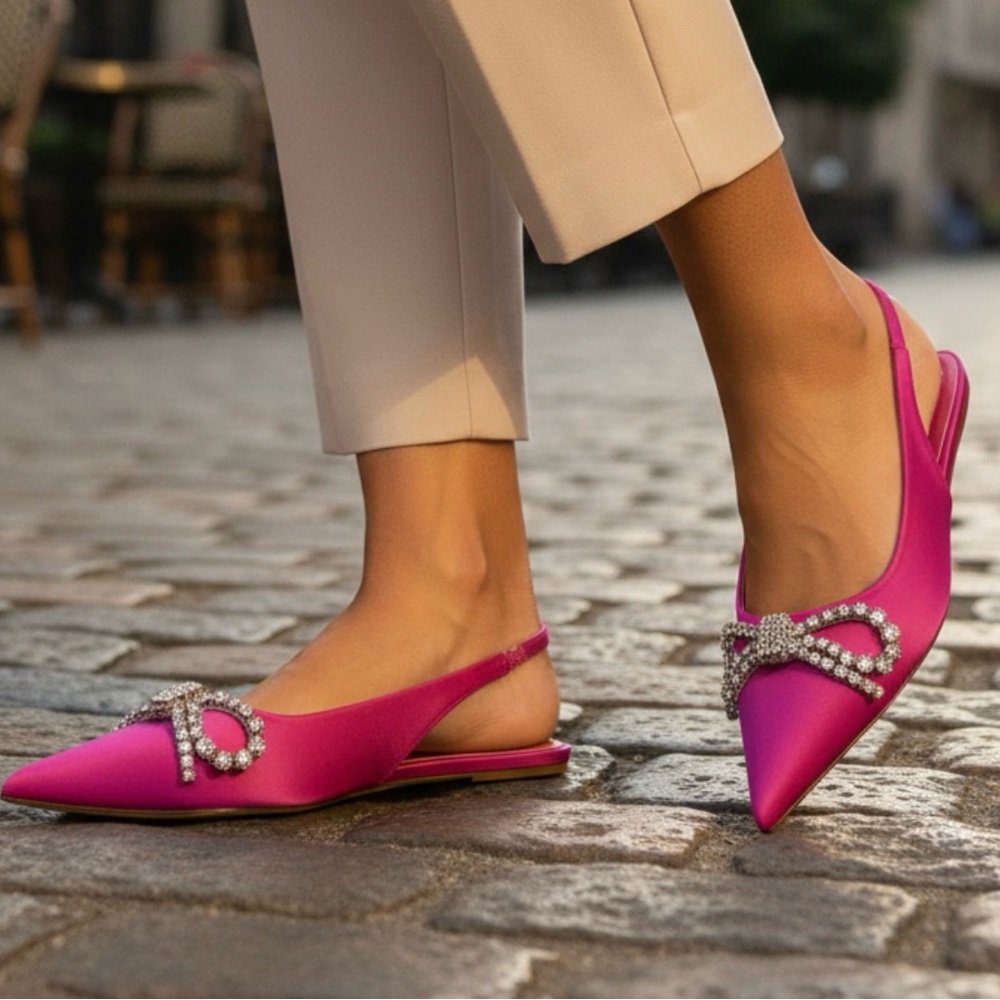 Zara Pink Satin Slingback Flats Crystal Bow Pointed Toe Size 9 NWOT - Picture 11 of 13